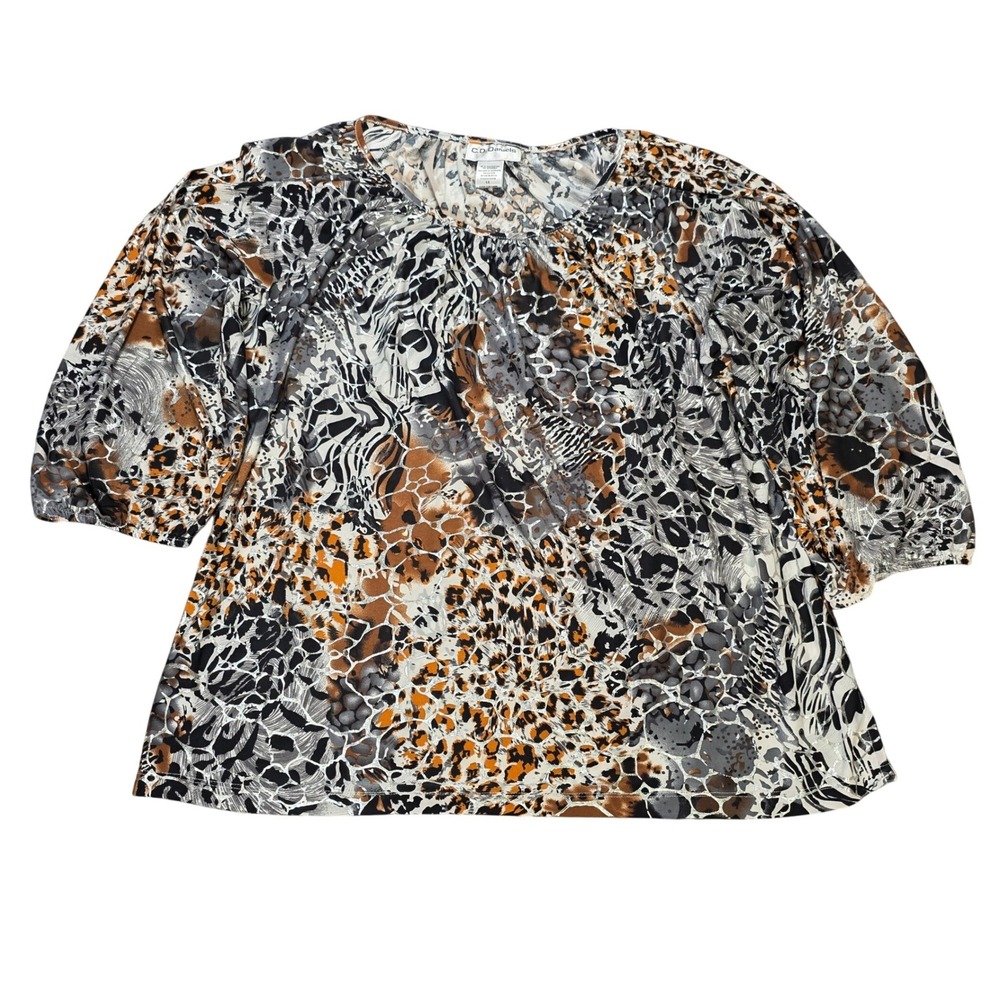 C.D. Daniels‎ Animal Print Blouse Women's Size 1X Brown Gray Metalic 3/4 Sleeve